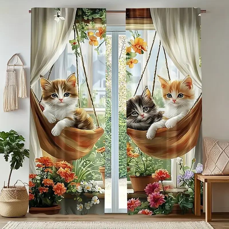 

Шторы с кошачьим и цветочным принтом 2 шт.