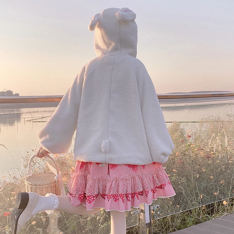 Anbenser Women Lolita Coats Japanese Sweet Autumn Winter Rabbit Ears Warm Soft Plush Cute Cat Kawaii Hooded Jackets Outwear