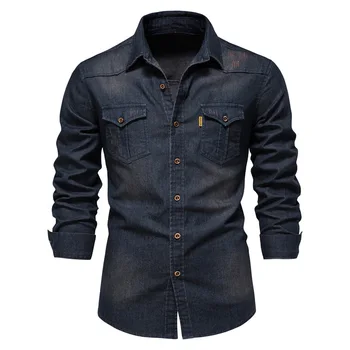 Men's Denim Shirt High Qualituy Elastic Cotton Long Sleeve Shirt Black Casual Slim Clothing Navy Blue Mens Fashion Shirt 2023 1