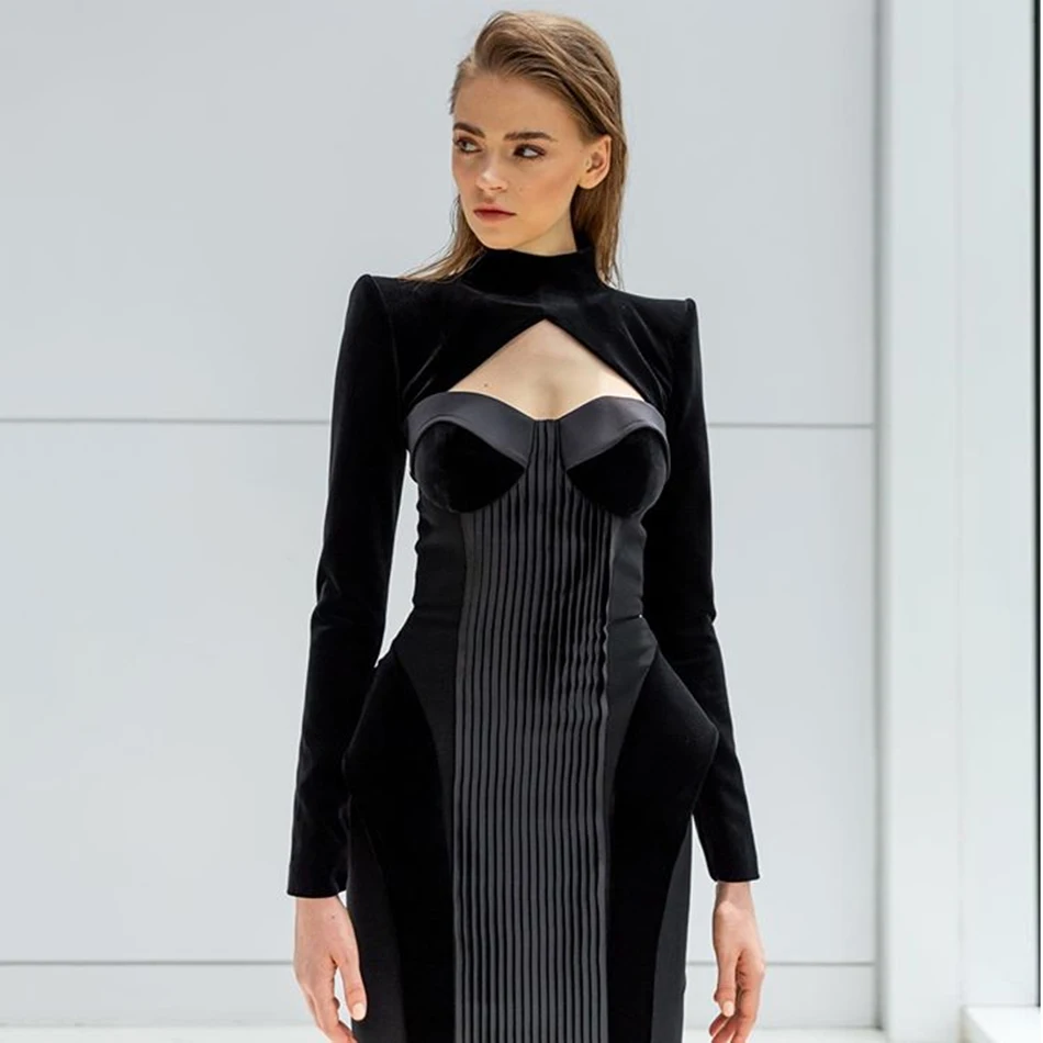 Sexy High Neck Hollow Backless Long Sleeve Bodycon Club Dress 2022 New Summer Elegant Midi Celebrity Evening Party Dress vestido