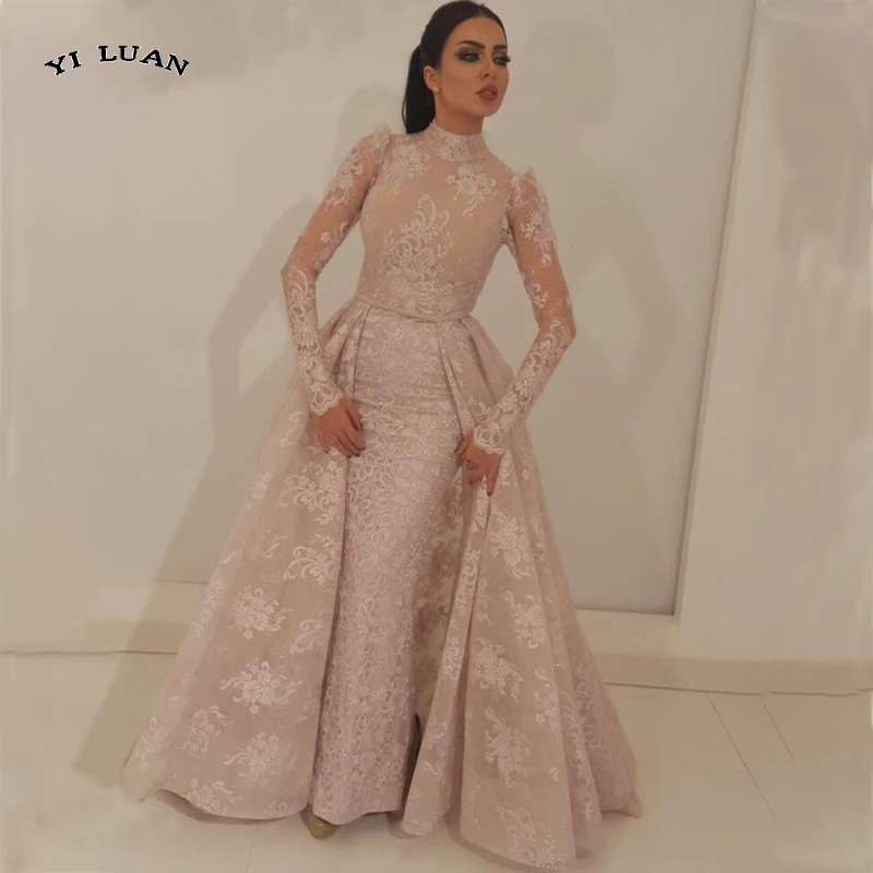 

Muslim Evening Dress 2022 New Mermaid High Collar Illusion Long Sleeves Lace Dubai Saudi Arabic Formal Prom Gown robe de soiree