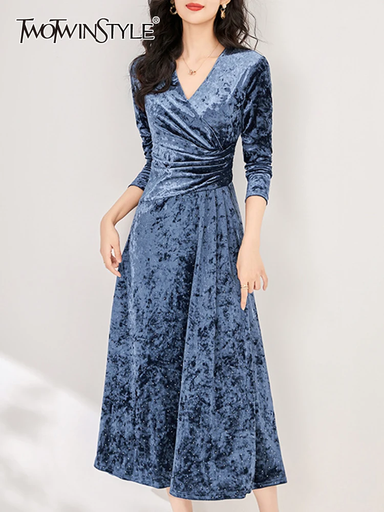 

Женское платье TWOTWINSTYLE, элегантное бархатное платье с v-образным вырезом, длинным рукавом и высокой талией