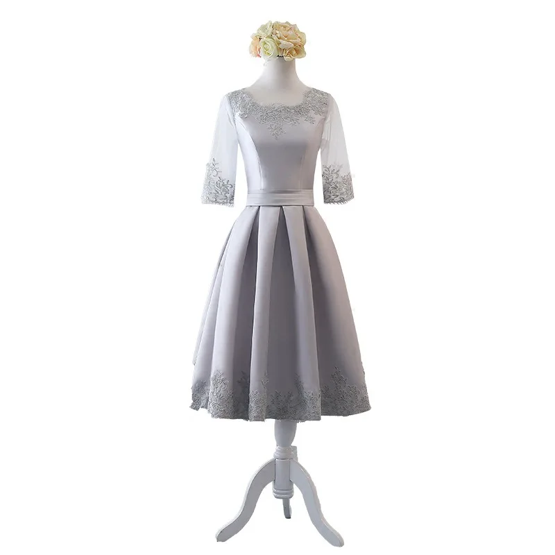 

Короткие Серые платья подружки невесты с круглым вырезом, кружевные атласные свадебные платья-трапеции с аппликацией, платья для женщин, пригласительные