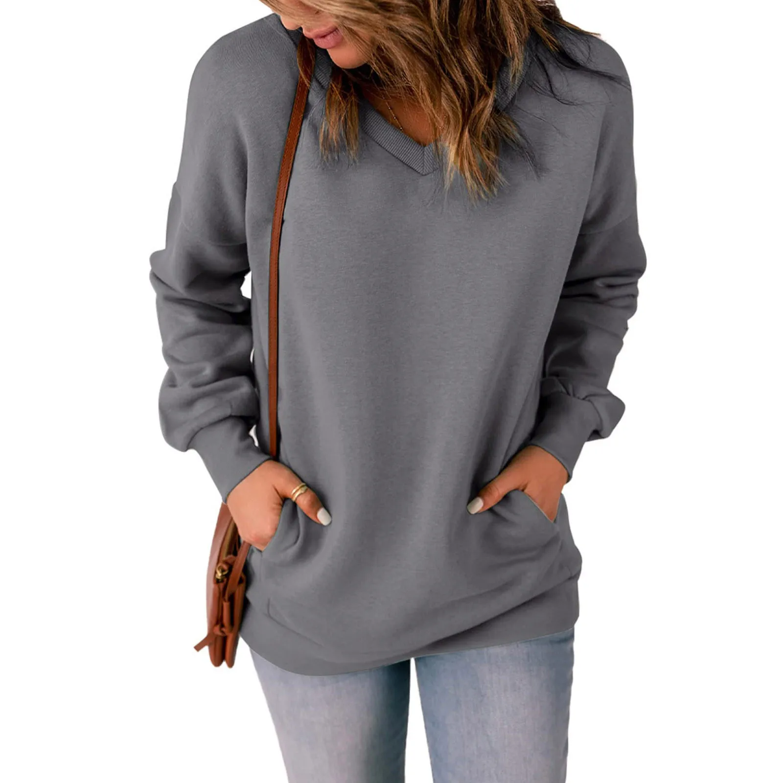 

Womens Casual V Neck Sweatshirt Long Sleeve Solid Shirts With Front Pockets Women Oversized Sweatshirt