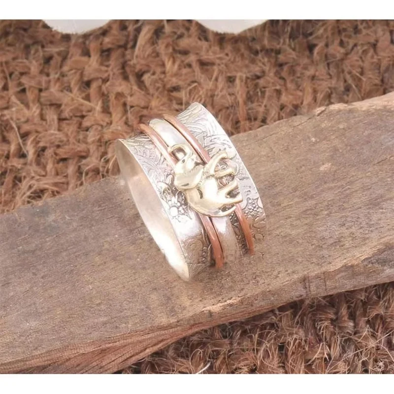 

Creative Rotary Decompression Silver Ring Engraved Cute Elephant Women's Lucky Ring Vintage Collection Antique Jewelry