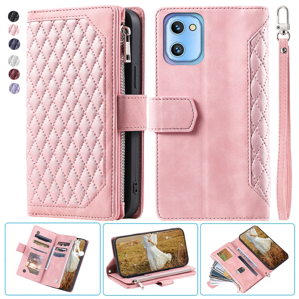 

For Umidigi A13S Fashion Small Fragrance Zipper Wallet Leather Case Flip Cover Multi Card Slots Cover Folio with Wrist Strap