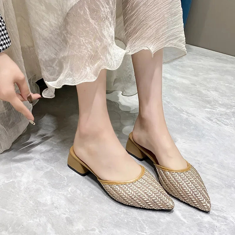 

New Fashion Pointed Toe Stiletto High Heels Slippers Women's Summer Shoes Female Fashion Mesh Light Solid Color Women Shoes