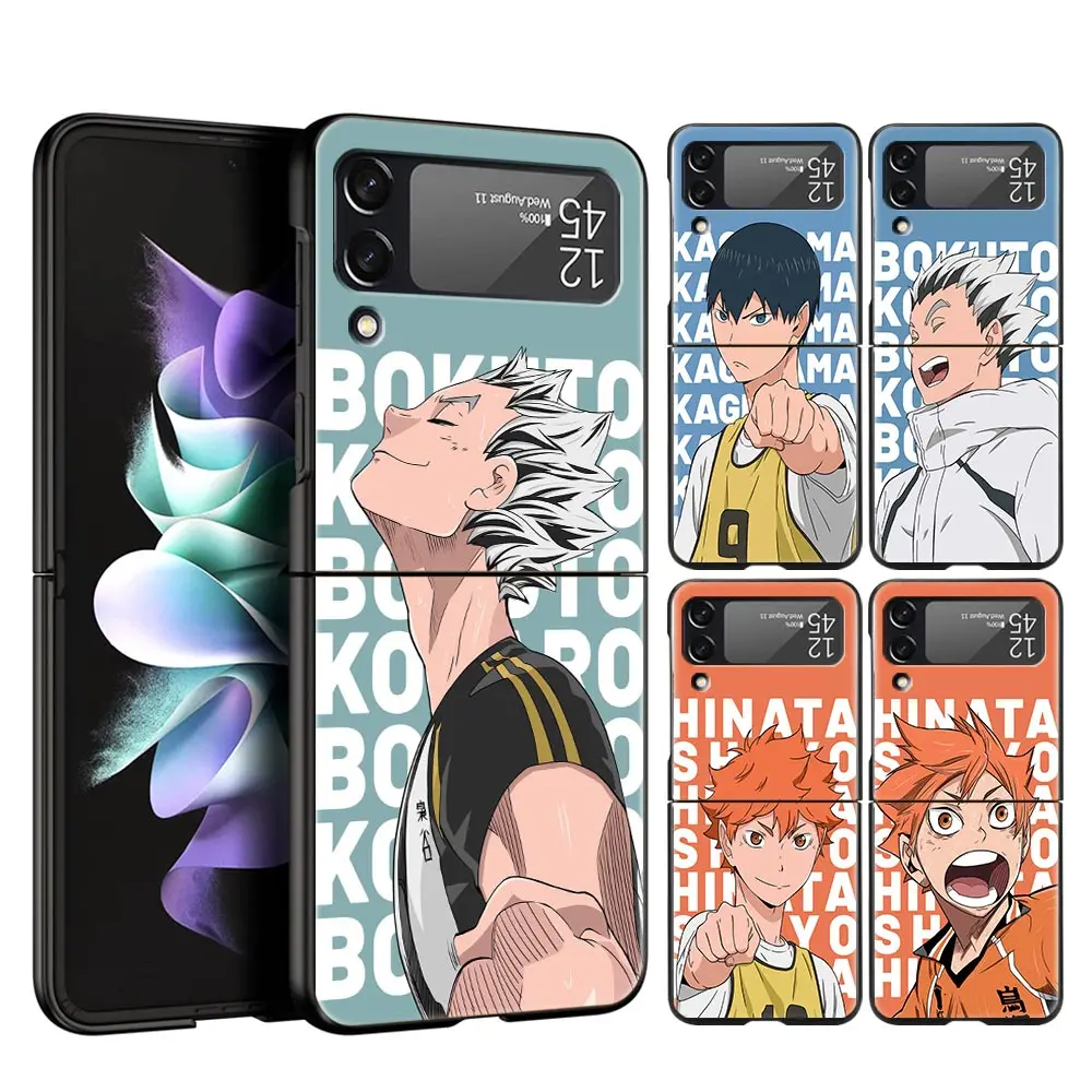 

For Samsung Galaxy Z Flip 3 4 5G Hard Black Folding PC Phone Case Haikyuu Anime Luxury For Samsung Z Flip3 Cover Protect Shell