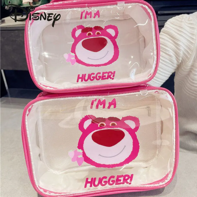 Disney Strawberry Bear New Makeup Bag Fashion High Quality Waterproof Transparent Wash Bag Multi Functional Storage Handbag