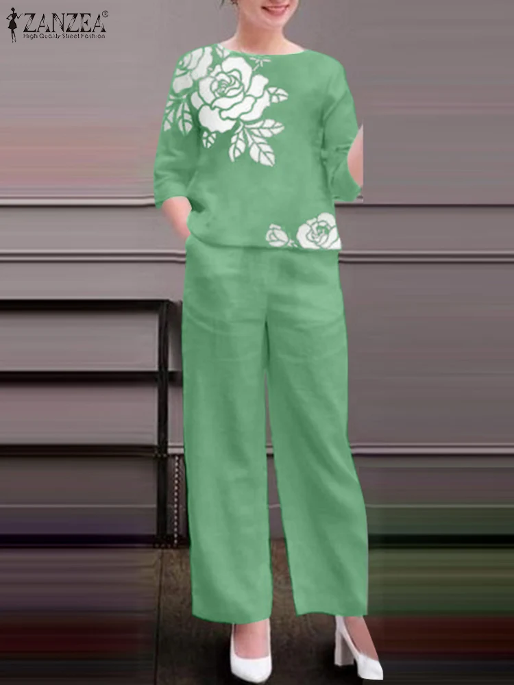 Женский костюм из блузки и брюк с цветочным принтом рукавом 3/4