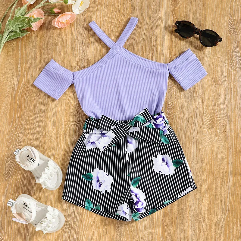 

2Pcs Little Girls Outfit, Summer Toddlers Off Shoulder Short Sleeve Suspender Tops + Tie Up Floral Printing Stripe Shorts