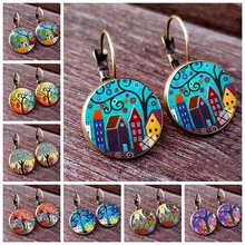 New Arrival Colorful House and Tree Women Stud Earring Abstract Oil Painting House Glass Cabochon Womens Earrings jewelry