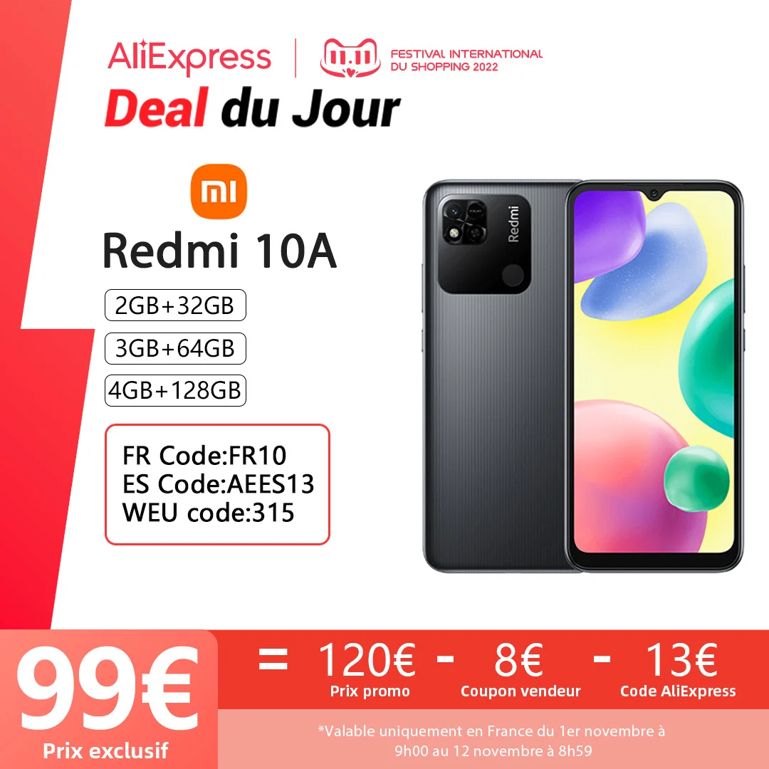 Cena Xiaomi Redmi 10A Global Version Smartphone, 4 GB/Go, HD + Waterdrop Inch, G25 Octa Core, Bateria 5000 MAh, 13 MP Dual Camera, 10W Szybkie ładowanie