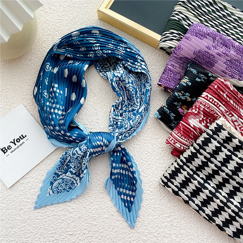 

Women Silk Headscarves Summer Brand Crinkle Scarf Satin Pleated Ribbon Small Square Scarf Neck Tie Shawl Headscarf Hair Tie 2022