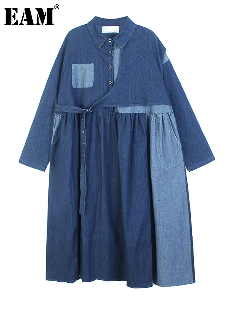 

[EAM] Women Denim Irregular Color-block Big Size Shirt Dress New Lapel Long Sleeve Loose Fit Fashion Spring Autumn 2022 1DF1782