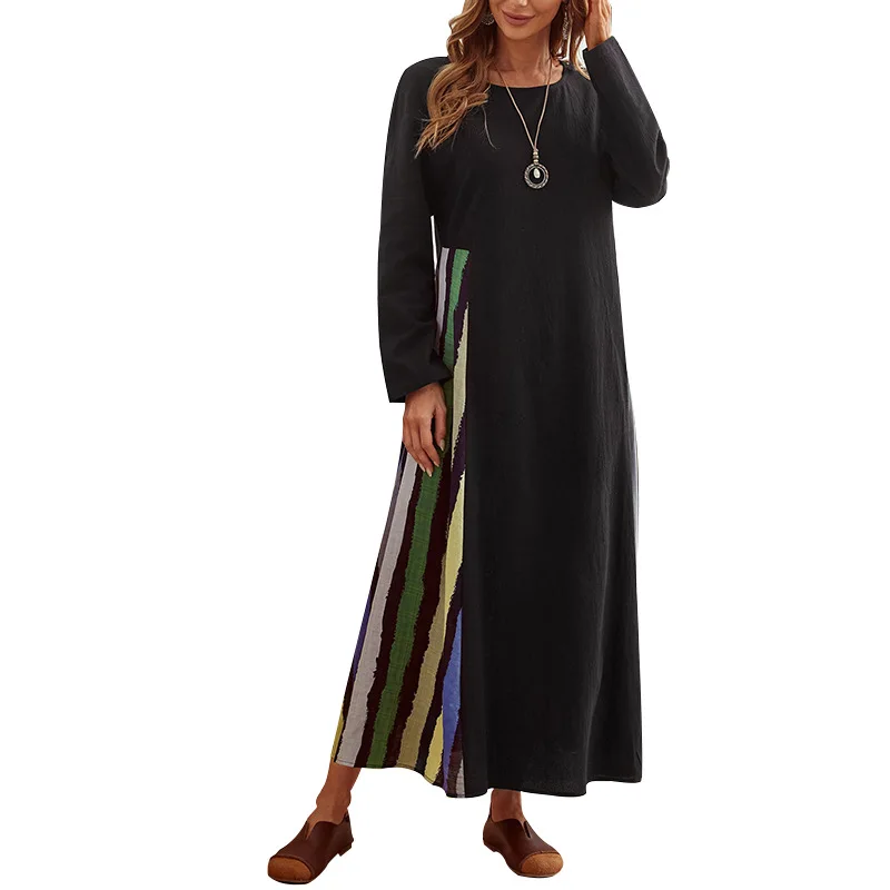 Middle East Arab Women's Dress Muslim Ramadan Robe Dubai Abaya Fashion Black Stripe Print Loose Casual Long Dress 2022 New