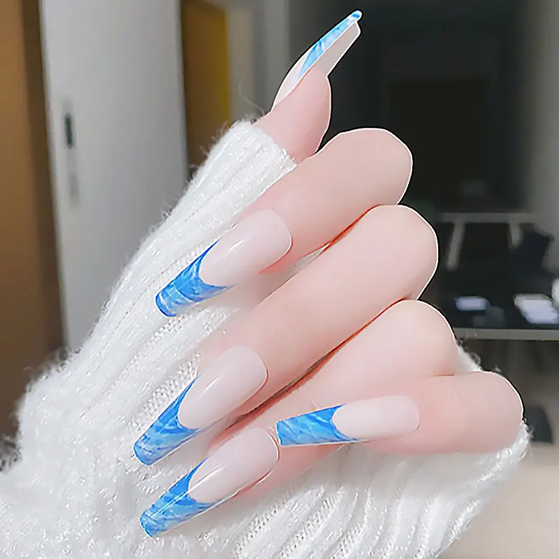 

WINMIR 24Pcs False Nails French Blue FingerTip Long Trapezoid Wearing Finished Full Nails Paste Fake Nail Art With Manicure Tool