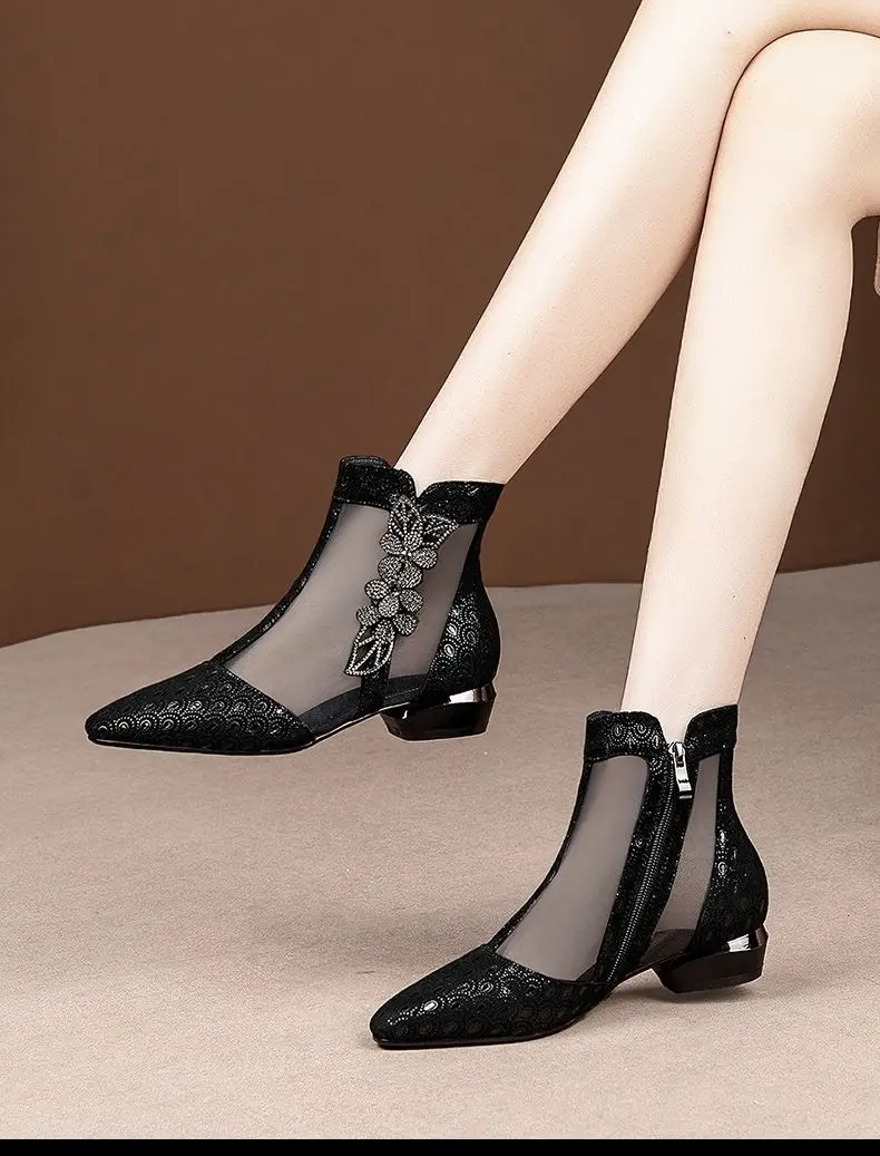 2023 Casual Sandals New Summer Sandals Pointed High Heels Women Shoes Black Lace Ankle Flower Rhinestones Zipper Flowers Fashion