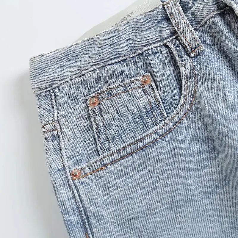 Jenny&Dave Fashion High Wasit Mom Street Burrs Straight Loose jeans England Style Retro Washed Light Blue High Jeans Women