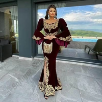 burgundy morocco caftan evening dresses lace appliques mermaid prom dress velvet long sleeve formal saudi arab celebrity vestido