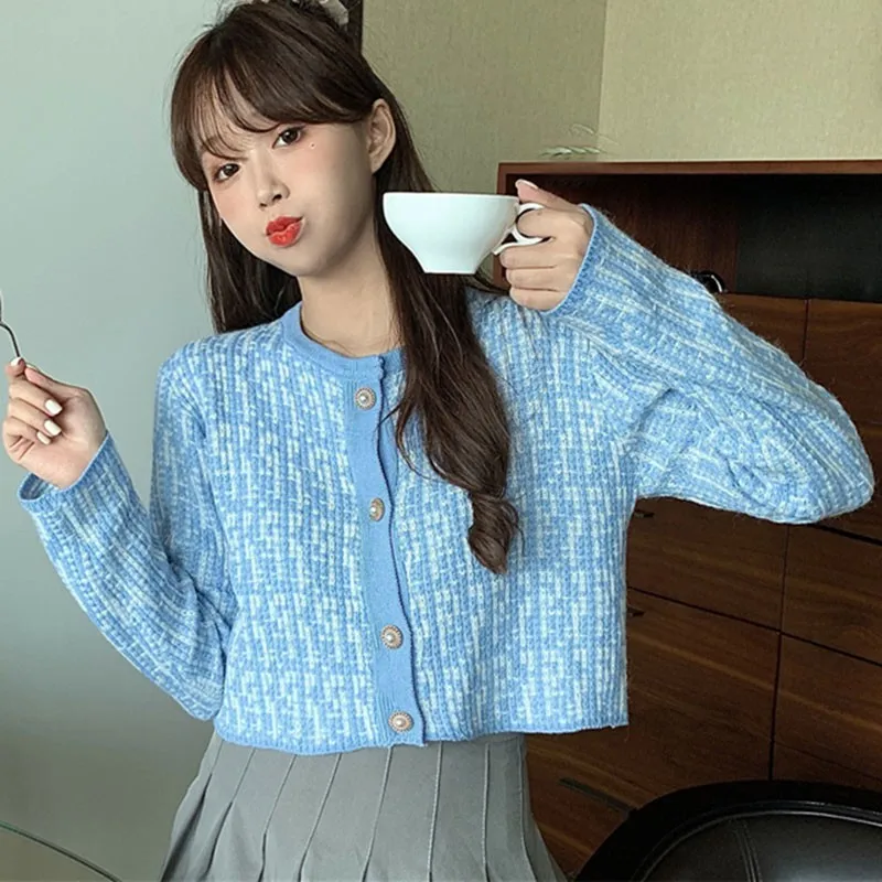 

Short Gentle Women's Sweater Small Fragrance Striped Long-sleeved Knitted Single-breasted Tops Autumn And Winter New Style
