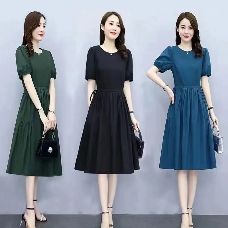 

Fashionable sexy dress trend reducing age cotton linen pleated dress loose waisted mid length skirt
