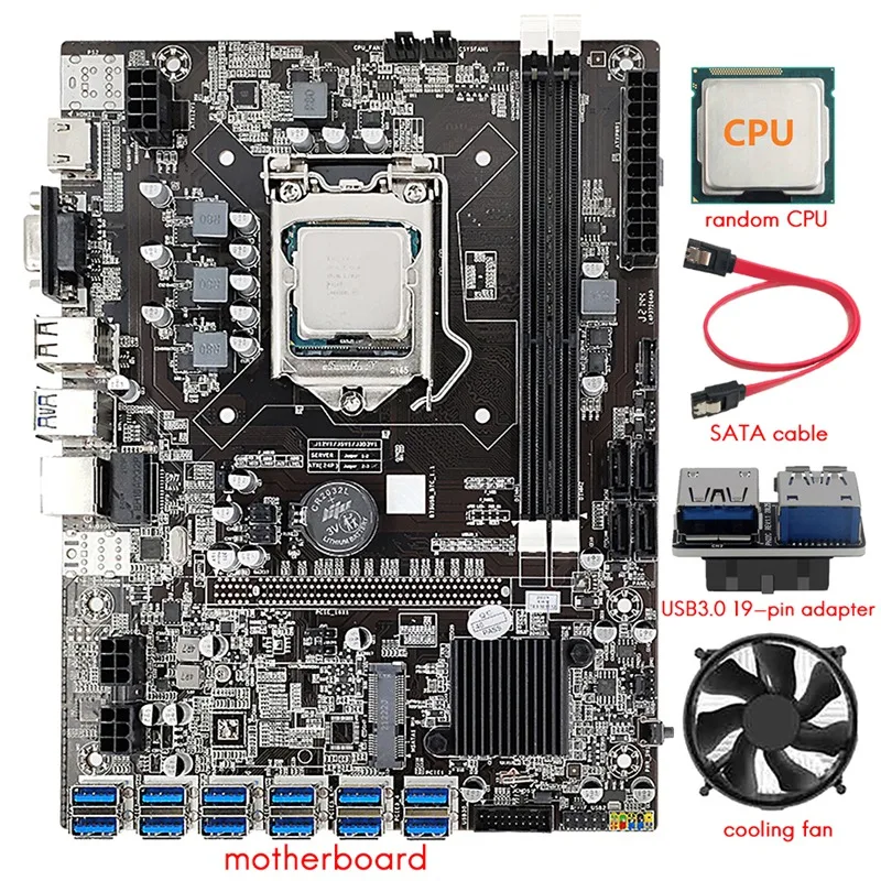 

12 Card B75 BTC Mining Motherboard+CPU+Fan+USB3.0 19-Pin Adapter+SATA Cable 12 USB3.0 (PCIE)Slot LGA1155 DDR3 SATA3.0