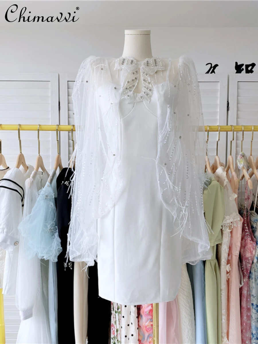 

High-End Luxury Gown Dress 2022 Summer Clothes New Exquisite Rhinestone Bow Slim-Fit Sexy Strap Dress Temperament Two-piece Set