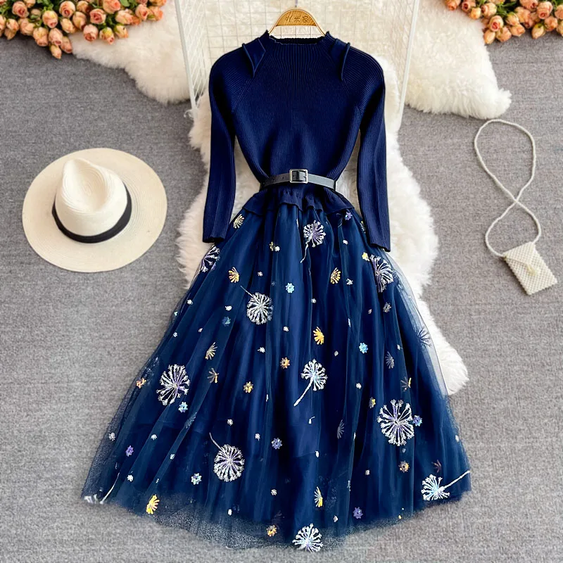 

2022 Temperament Fake Two-piece Woman Dress Ladies Temperament Mid-length Vestidos De Mujer Stand-up Collar Knitted Dresses