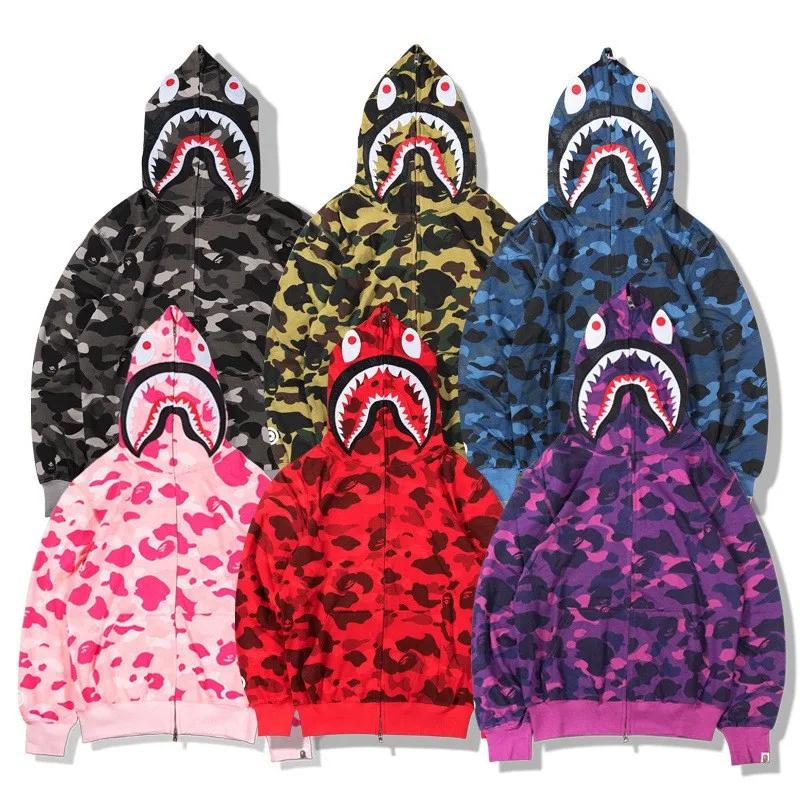 

2023 Fashionable Cool Men's and Women's Bapes Shark Camo Zip Up to Head Youth Couple Street Hip Hop Fashion Hoodie