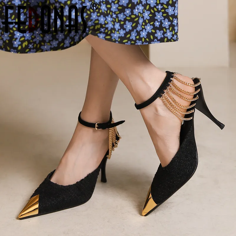 

FEDONAS Women High Heels Sandals Thin Heels Metal Pointed Toe Fashion Pumps Punk Night Club Shoes Pumps