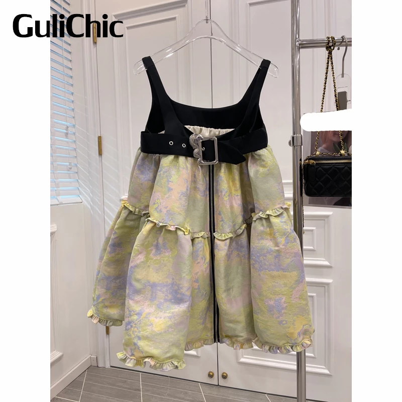

5.16 GuliChic Women Temperament Fashion Jacquard High Waist Loose Suspender Zipper Dress