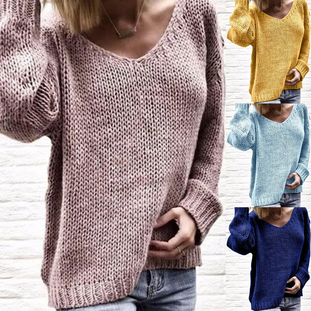 

2020 Casual Women Loose Solid Color Knitted Sweater V Neck Long Sleeve Top Women Clothing Pull Femme