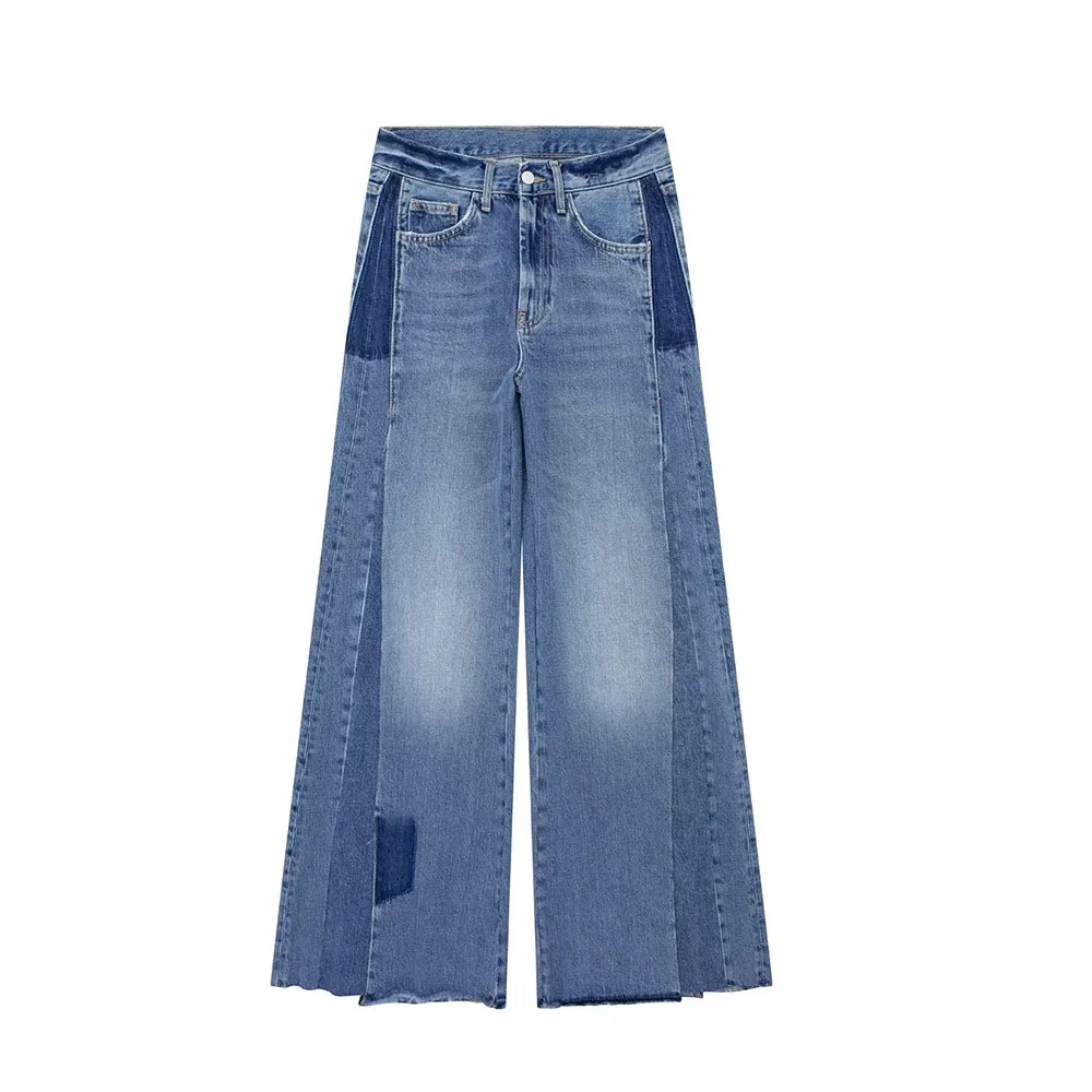 

Summer new fashion women's vintage versatile mid-rise patchwork asymmetric wide leg wash jeans