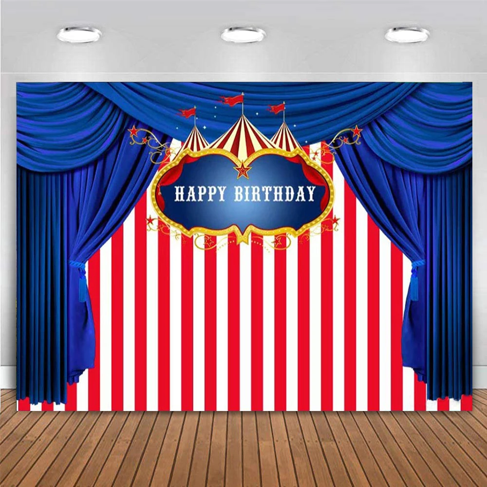 

Carnival Circus pattern Birthday Backdrop White and Red Stripes Blue Curtain Background for Boy Girl 1st Birthday Party Banner