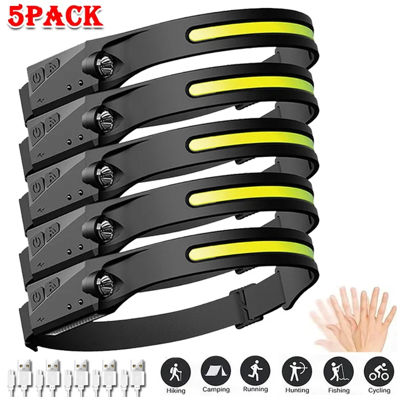 

От 1 до 5 упаковок USB заряженных фар светодиодных датчиков фонарей XPE + COB фонарей кемпинговых рыболовных ламп водонепроницаемых фар.