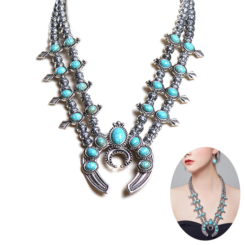 

Vintage Alloy Necklace Turquoise Retro Ox Horn Statement Necklaces Women European American