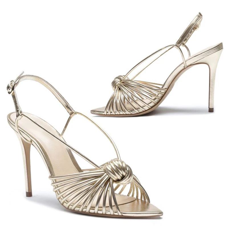 2022 Women's Pointed Toe Knotted Sandals Gold Summer Shoes Ladies Plus Size Party High Heels Slingbacks Stilettos Heeled Sandals