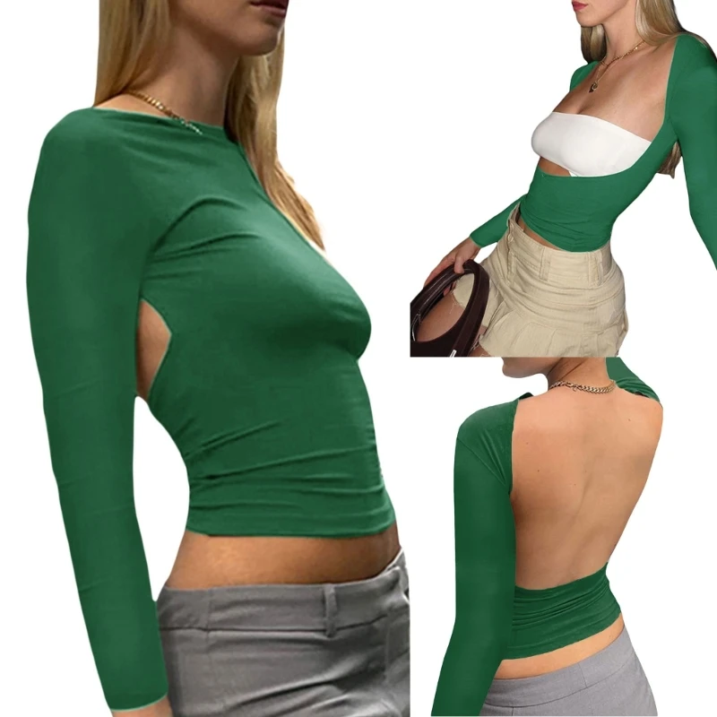 

Женский укороченный топ с круглым вырезом и длинным рукавом, соблазнительная однотонная облегающая футболка с вырезом на спине
