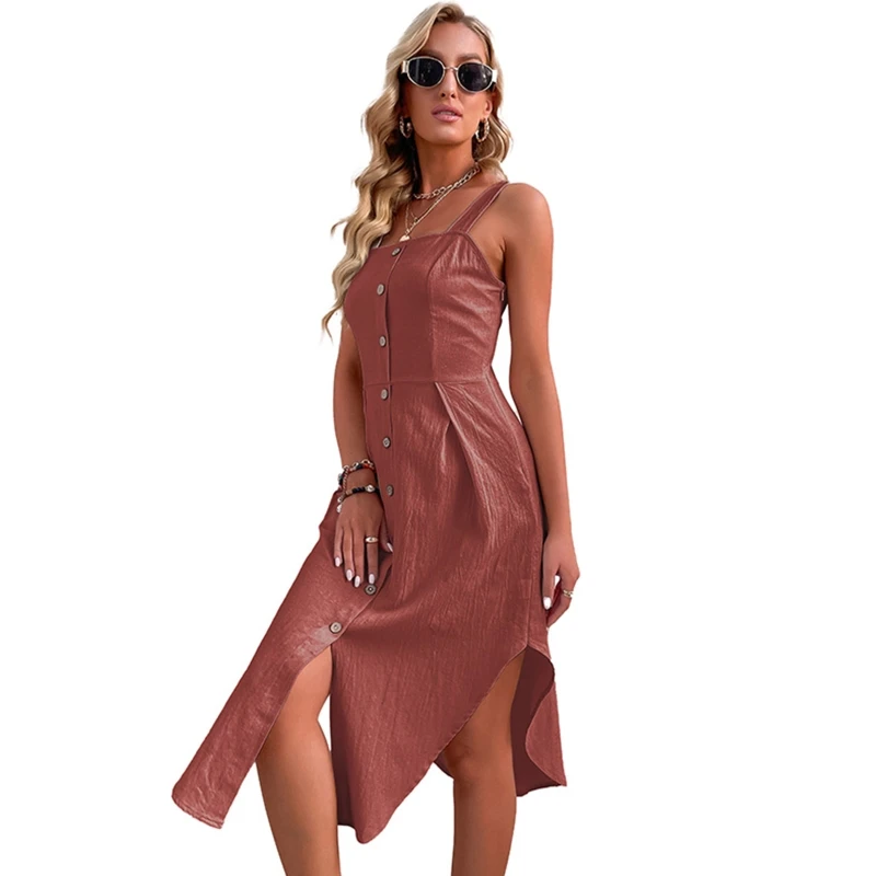 

Sexy Casual Sundress Single-Breasted French Slim Fit Sling Dress Sleeveless Summer Cardigan Dress for Young Girls Lady
