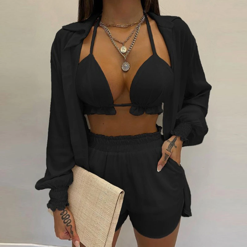 

2023 Summer Women's Three-Piece Suit Fashion Beach Style Holiday Style Solid Color Printing Casual Sexy 3-Piece Suit Women