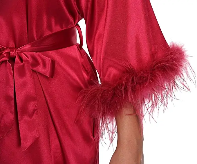 Restve Feathers Women Robes With Sashes White Long Sleeve V Neck Home Robe Sexy Female Satin Bathrobe Solid Winter Casual 2022 |