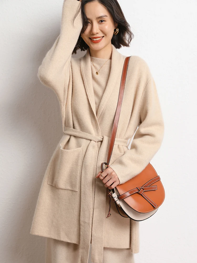 Женский свободный кардиган с отложным воротником 100% кашемировый свитер длинное