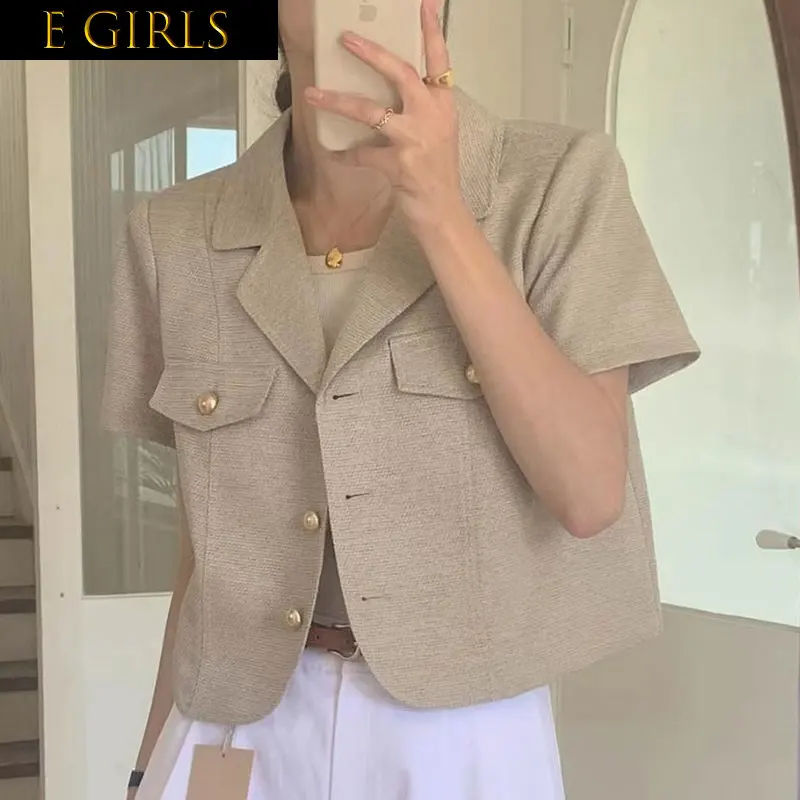 

E GIRLS French Vintage Suit Collar Female Jackets Metal Single-breasted Loose Tops 2023 Summer Casual All-match Short-sleeved Co