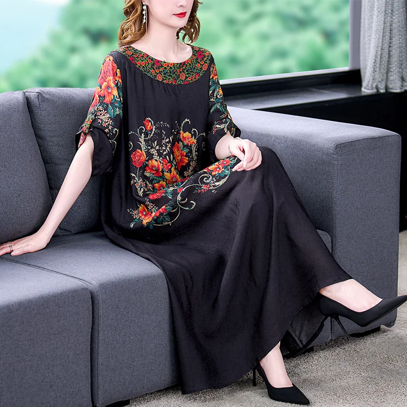 

Черное женское Цветочное платье макси из шелка тутового шелкопряда 2023 корейское винтажное повседневное летнее элегантное свободное платье в стиле Хепберн