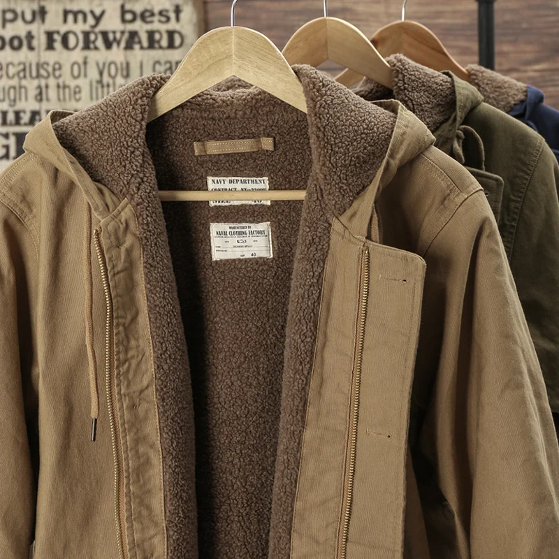 

Amekaji винтажная плотная мужская зимняя куртка с капюшоном на молнии с несколькими карманами и подкладкой из овечьей шерсти