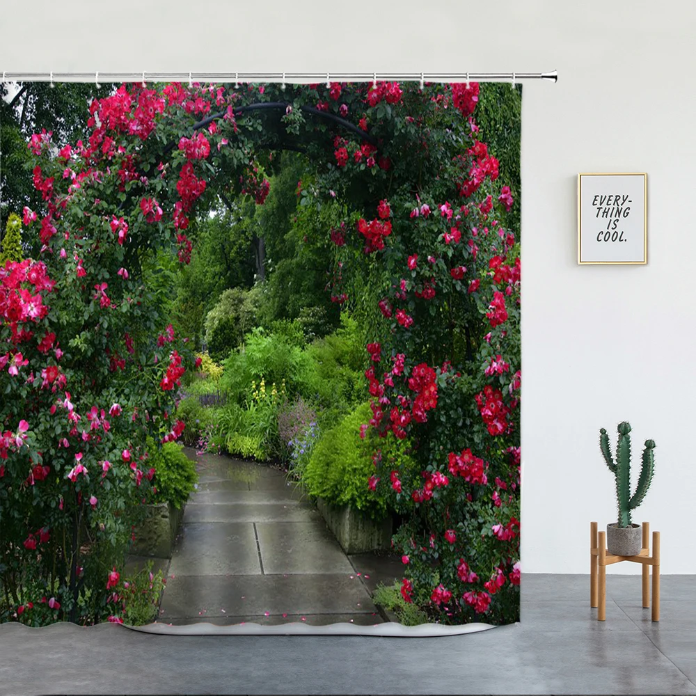 spring rural landscape shower curtains set pink flowers tree forest natural floral green plant scenery with hooks bathroom decor free global shipping