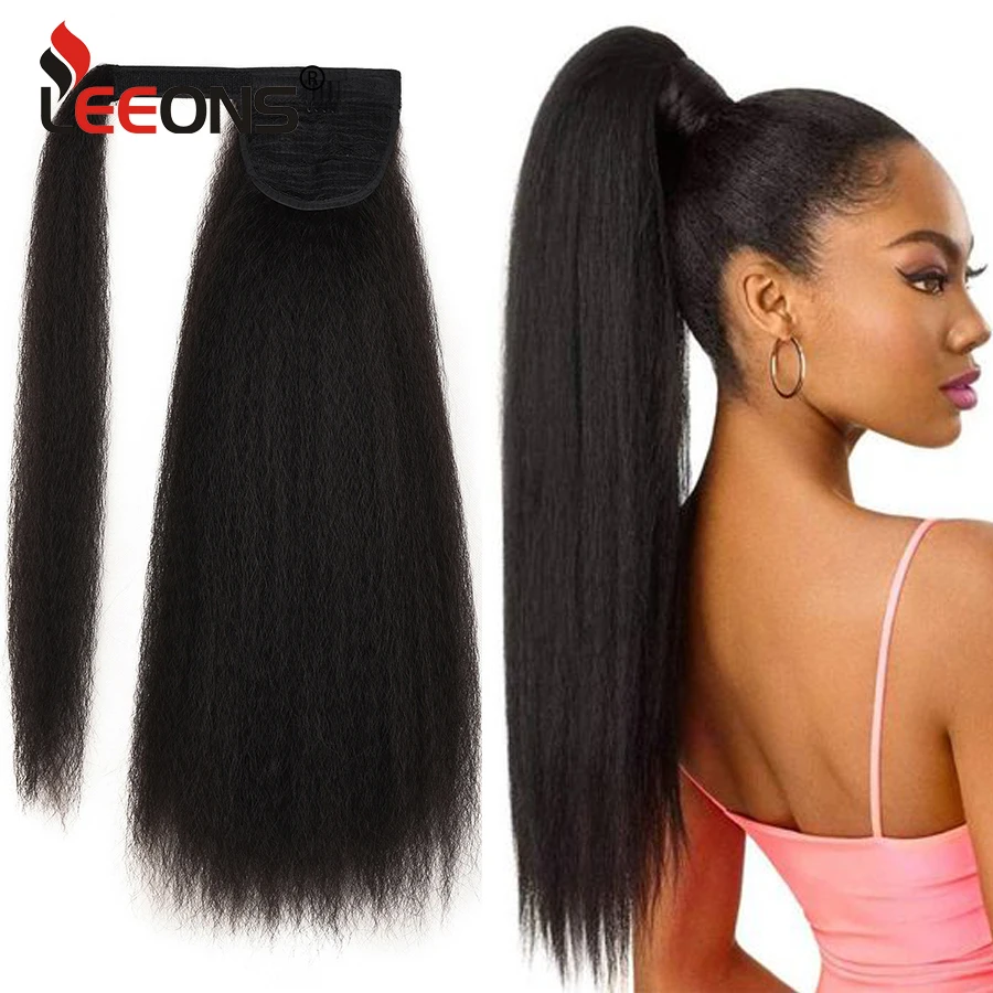 

Long Synthetic Kinky Straight Warp Around Ponytail For Black Women Yaki Curly Hair 22Inch Clip In Ponytail Extension Black Color
