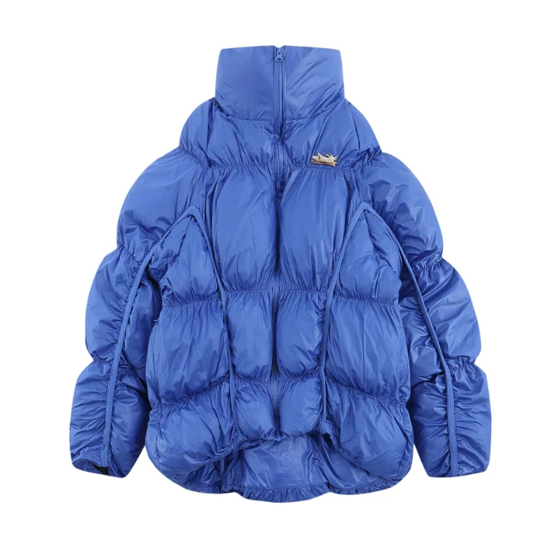 Hip Hop Thick Parkas Men Solid Color Adjust Tightness Blue Padded Jacket Vintage Stand-up Collar Coat Oversized Outwear Unisex