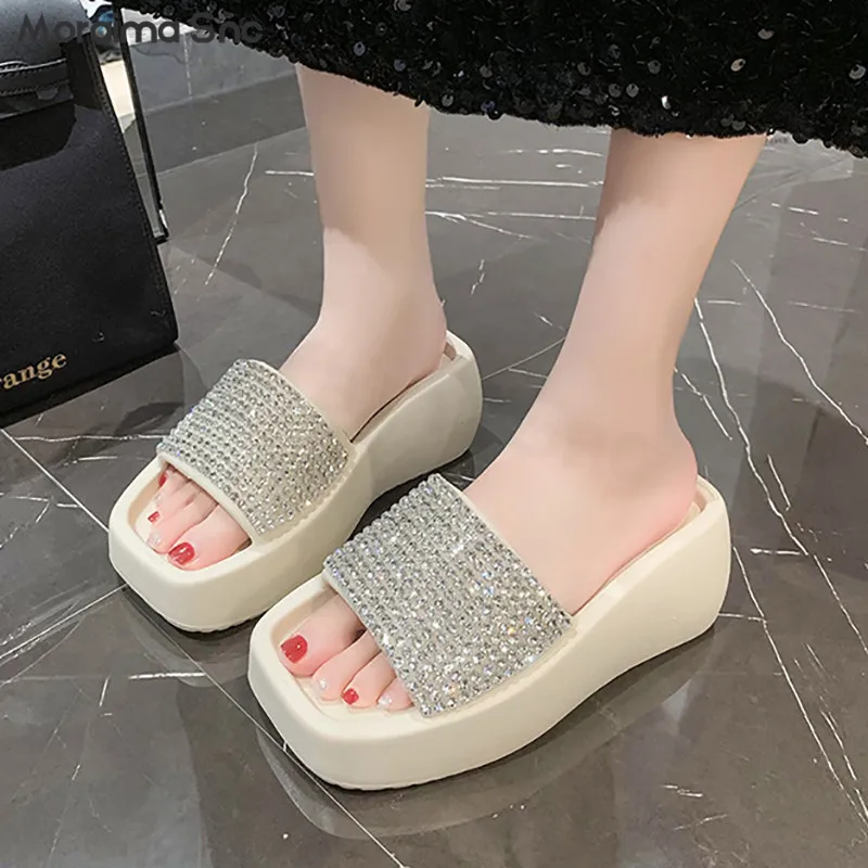 Sparkling Rhinestone Platform Slippers Summer New Round Toe High-Heeled Solid Color Seaside Open-Toed Beach Fashion Sandals